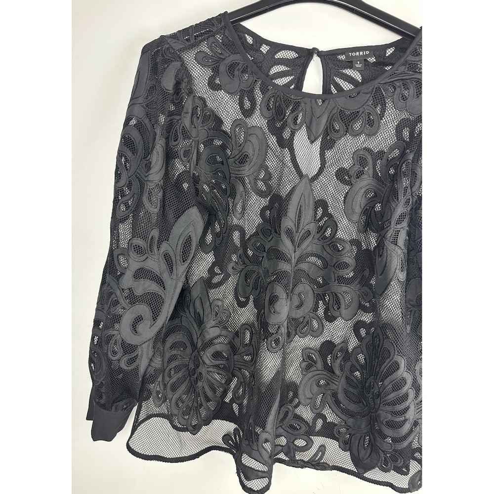 Torrid Mesh With Embroidery Long Sleeve Blouse Sheer Top Keyhole Plus Size 1 1X - Picture 3 of 12